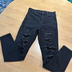 American Eagle Curvy Hi Rise Black Distressed Jegging Size 4 Short